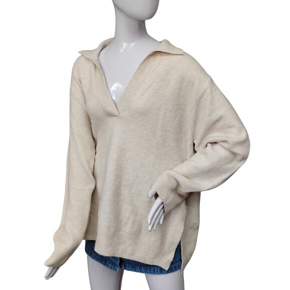 H&M Oversized Sweater Top Size Small Oatmeal Beige Long Sleeve Collared - Picture 1 of 7